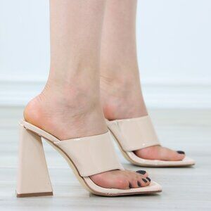 Nude Block Heel Mules Open Toe Slip On Glossy Strap High Heel Sandals